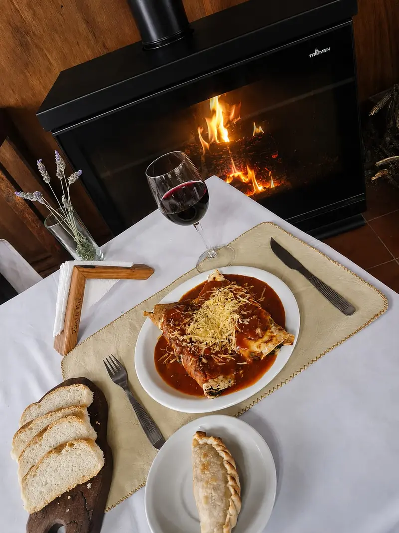 Plato casero con copa de vino junto a la salamandra del salón